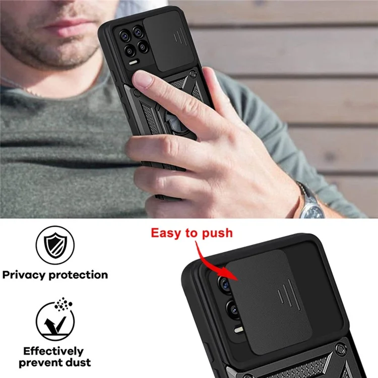 Kickstand PC + Funda Protectora de Impacto Resistente al Golpe con Protección de Lente Deslizante para Realme 8 / 8 Pro - Negro