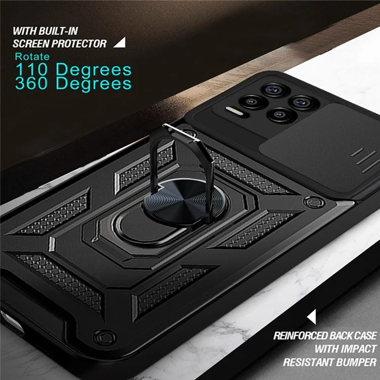 Kickstand PC + Funda Protectora de Impacto Resistente al Golpe con Protección de Lente Deslizante para Realme 8 / 8 Pro - Negro