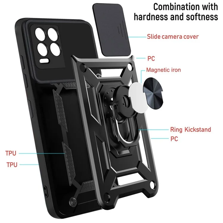 Kickstand PC + Funda Protectora de Impacto Resistente al Golpe con Protección de Lente Deslizante para Realme 8 / 8 Pro - Negro