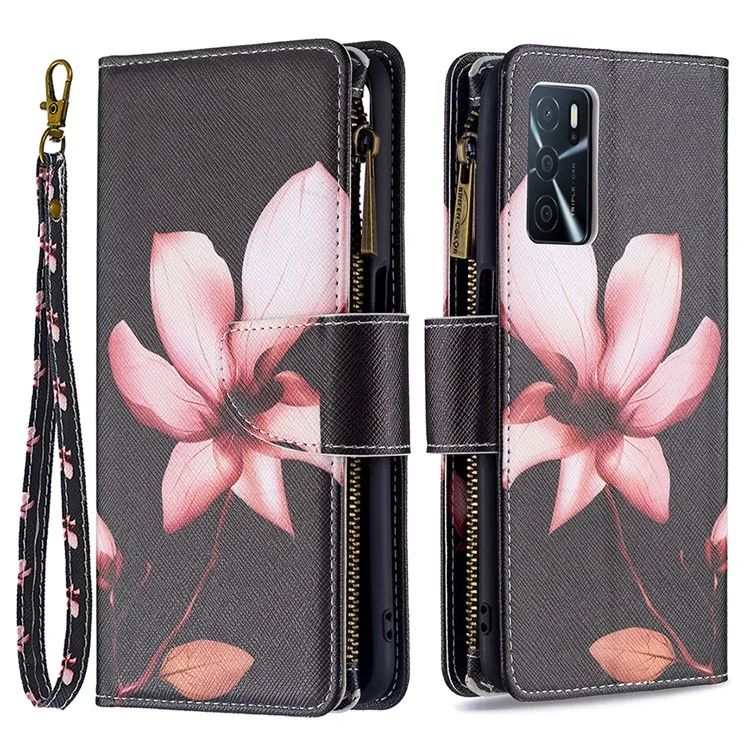 Musterdruck PU Leder Brieftasche Stoßdichter Flip Cover Reißverschlusspocket Mit Ständer Und Riemen Für Oppo A16/A16s/A54s - Lotus