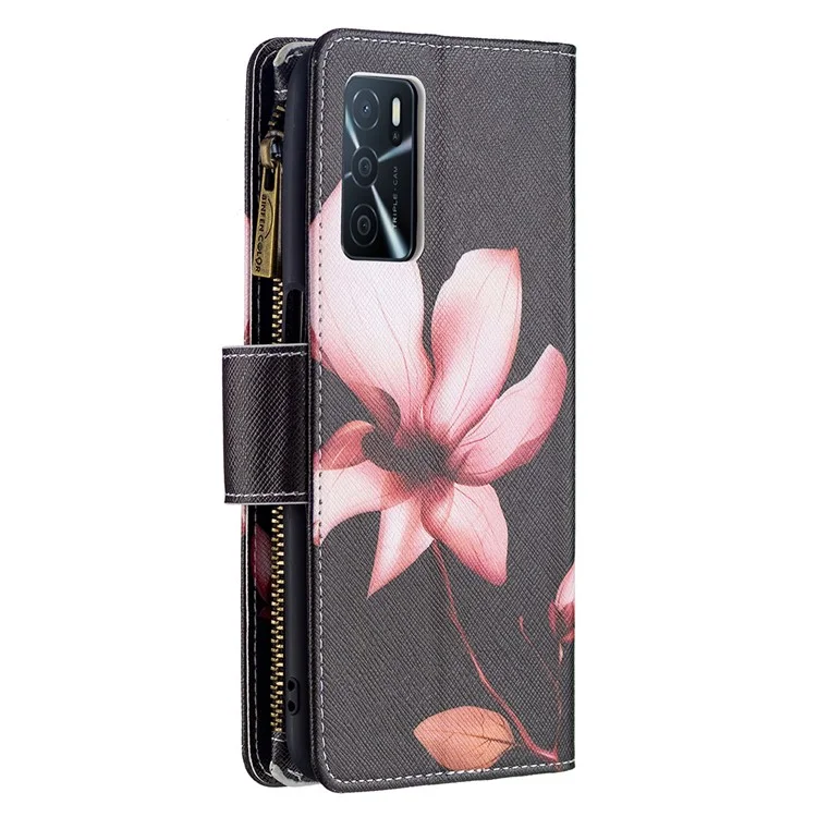 Portafoglio in pelle PU con stampa a pattern, custodia a portafoglio antiurto con cerniera, supporto e cinturino per Oppo A16/A16s/A54s - Loto