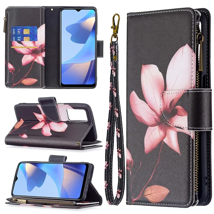 Musterdruck PU Leder Brieftasche Stoßdichter Flip Cover Reißverschlusspocket Mit Ständer Und Riemen Für Oppo A16/A16s/A54s - Lotus