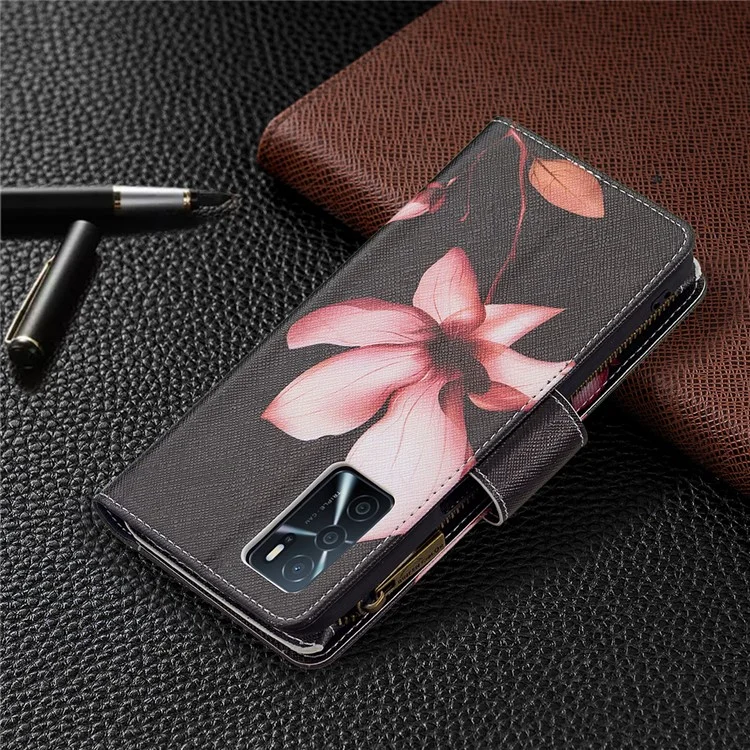 Musterdruck PU Leder Brieftasche Stoßdichter Flip Cover Reißverschlusspocket Mit Ständer Und Riemen Für Oppo A16/A16s/A54s - Lotus