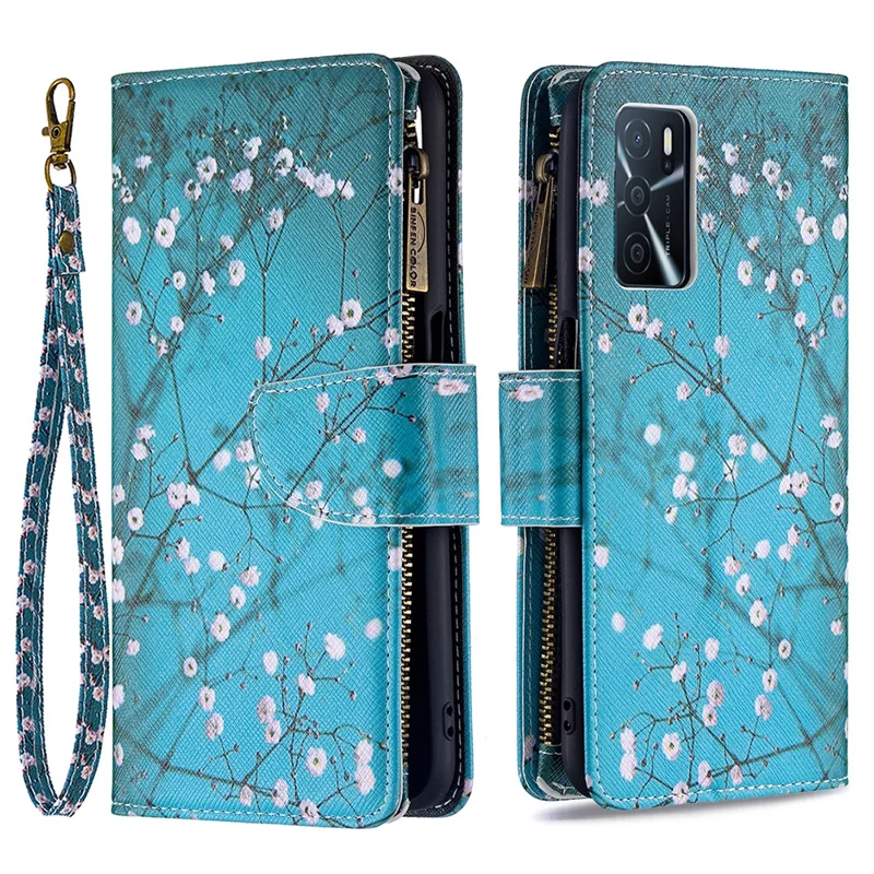 Pattern Printing PU Leather Wallet Shockproof Flip Cover Zipper Pocket Case with Stand and Strap for Oppo A16 / A16s / A54s - Plum Blossom