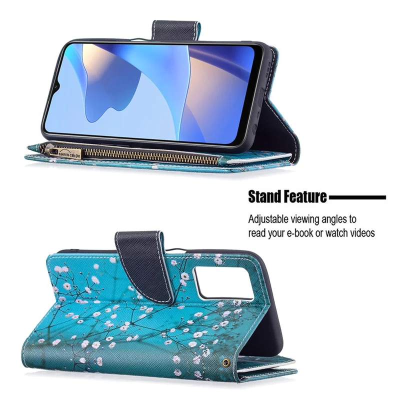 Pattern Printing PU Leather Wallet Shockproof Flip Cover Zipper Pocket Case with Stand and Strap for Oppo A16 / A16s / A54s - Plum Blossom