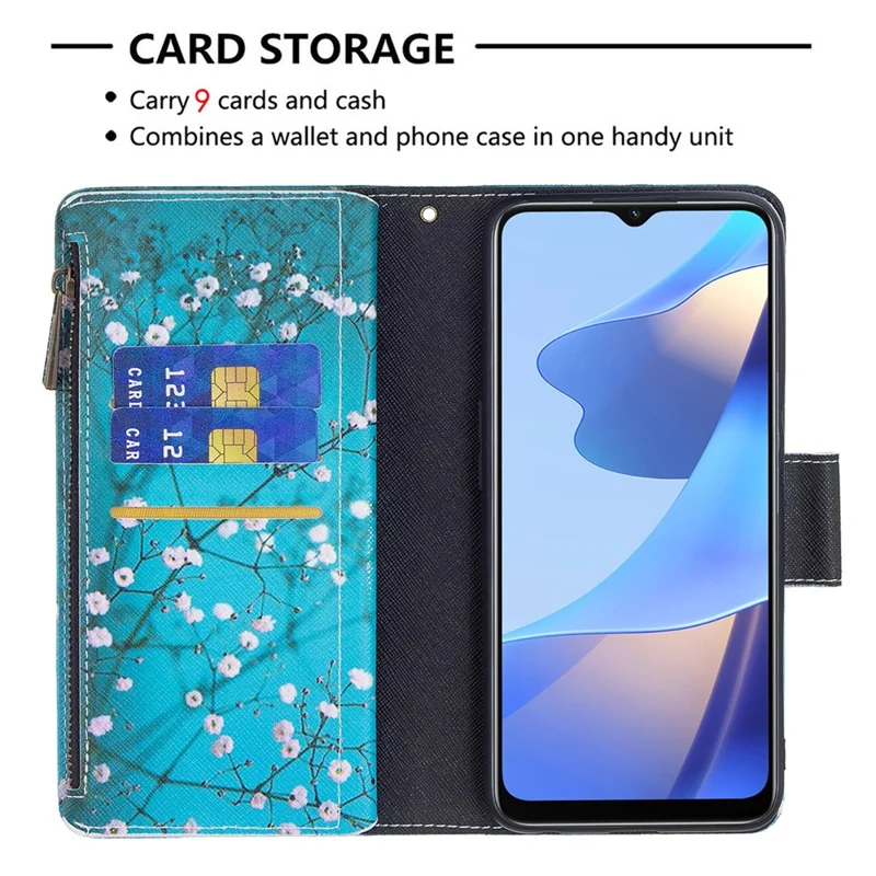 Pattern Printing PU Leather Wallet Shockproof Flip Cover Zipper Pocket Case with Stand and Strap for Oppo A16 / A16s / A54s - Plum Blossom