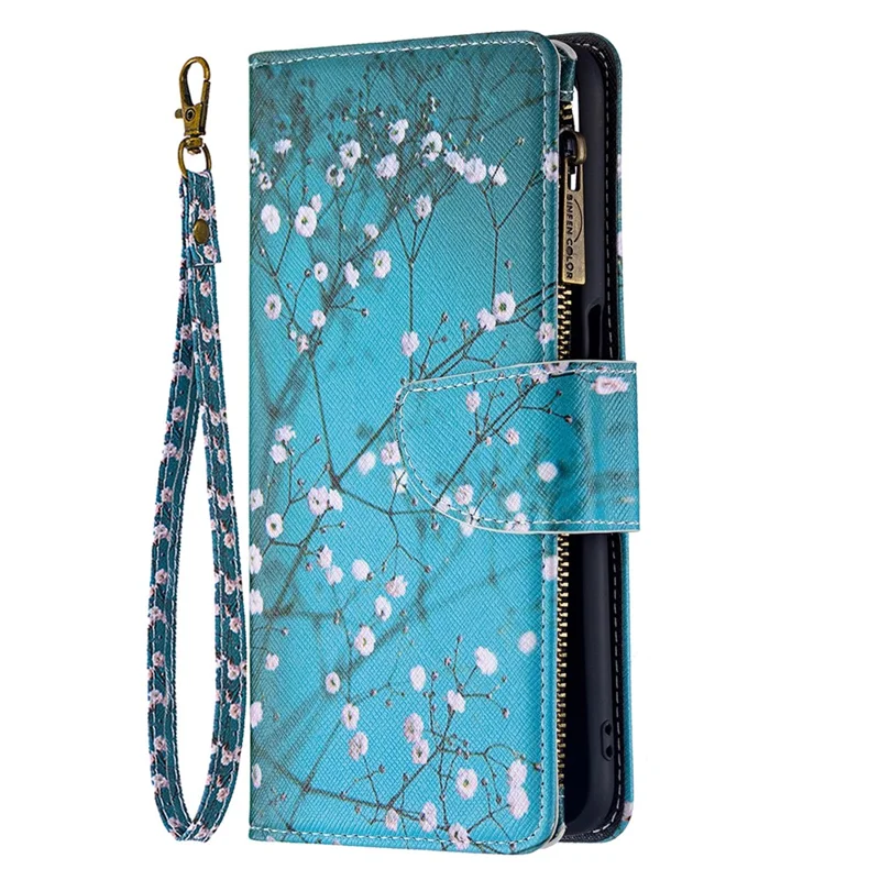 Pattern Printing PU Leather Wallet Shockproof Flip Cover Zipper Pocket Case with Stand and Strap for Oppo A16 / A16s / A54s - Plum Blossom