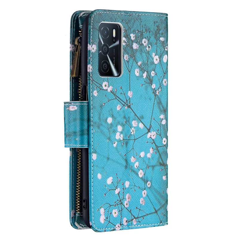 Pattern Printing PU Leather Wallet Shockproof Flip Cover Zipper Pocket Case with Stand and Strap for Oppo A16 / A16s / A54s - Plum Blossom