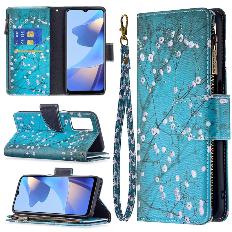 Pattern Printing PU Leather Wallet Shockproof Flip Cover Zipper Pocket Case with Stand and Strap for Oppo A16 / A16s / A54s - Plum Blossom