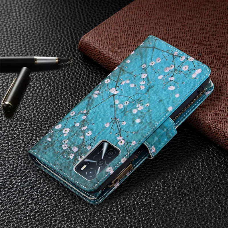 Pattern Printing PU Leather Wallet Shockproof Flip Cover Zipper Pocket Case with Stand and Strap for Oppo A16 / A16s / A54s - Plum Blossom