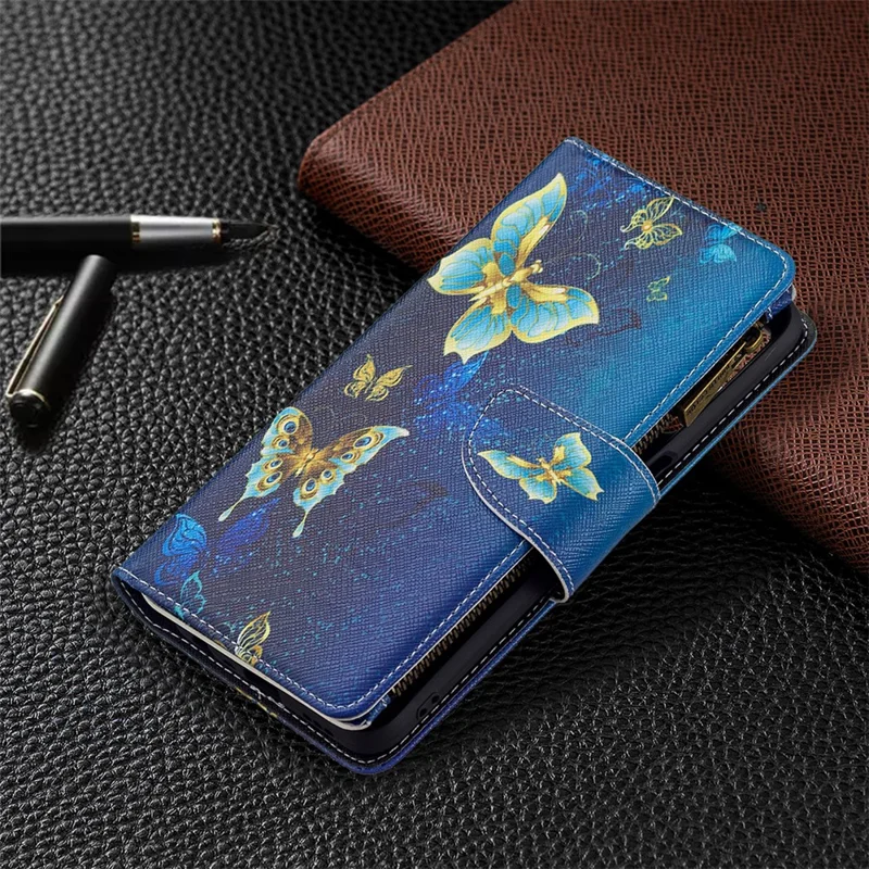 Musterdruckende PU-Leder-Geldbörse, stoßfeste Klapphülle mit Reißverschlusstasche, Ständer und Riemen für Oppo A16/A16s/A54s - Goldene Schmetterlinge