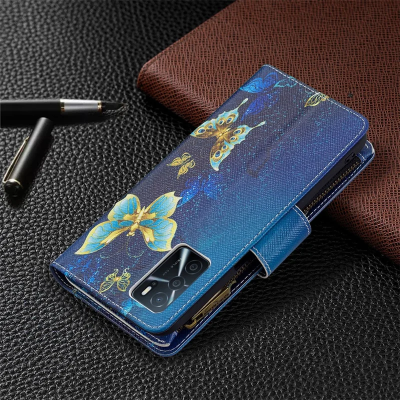 Musterdruckende PU-Leder-Geldbörse, stoßfeste Klapphülle mit Reißverschlusstasche, Ständer und Riemen für Oppo A16/A16s/A54s - Goldene Schmetterlinge