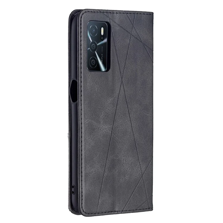 Magnetische Karte-kartenhalter Vintage Rhombus-ähnliche, Spürende Drop-proof-lederständer Schutzhülle Für Oppo A16 / A16s / A54s - Schwarz