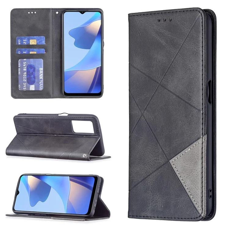 Magnetische Karte-kartenhalter Vintage Rhombus-ähnliche, Spürende Drop-proof-lederständer Schutzhülle Für Oppo A16 / A16s / A54s - Schwarz