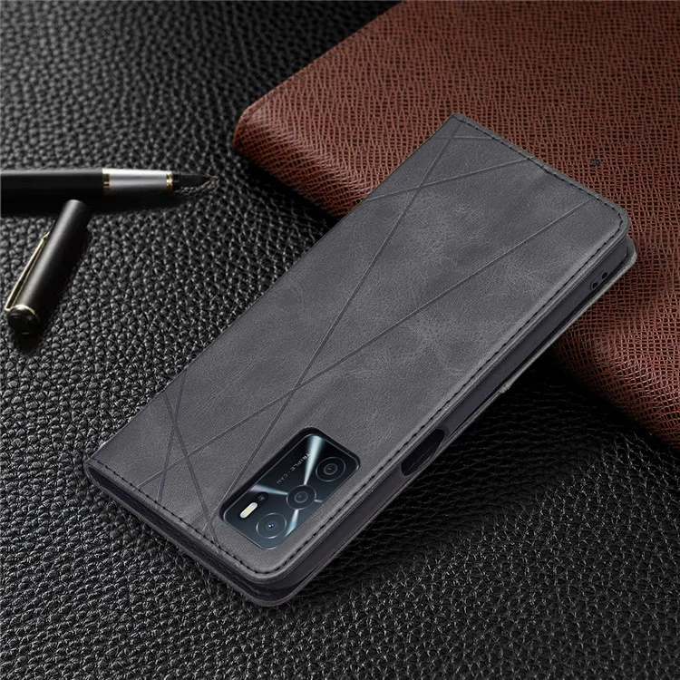 Porta Carte di Credito Magnetico Chiusura Vintage Effetto Rombo Antiurto Custodia Protettiva in Pelle con Supporto per Oppo A16 / A16s / A54s - Nero