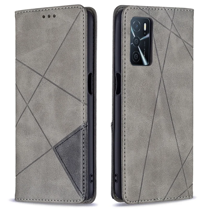 Magnetverschluss-Kartenhalter Vintage Rhombus-ähnlicher Prägung Stoßfester Lederschutzkoffer für Oppo A16 / A16s / A54s - Grau
