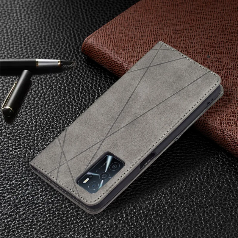 Magnetverschluss-Kartenhalter Vintage Rhombus-ähnlicher Prägung Stoßfester Lederschutzkoffer für Oppo A16 / A16s / A54s - Grau