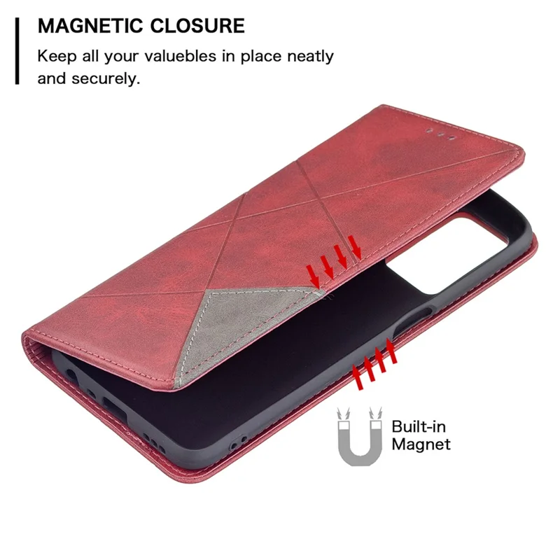 Magnetic Closure Card Holder Vintage Rhombus-Like Imprinting Drop-Proof Leather Stand Protective Case for Oppo A16 / A16s / A54s - Red