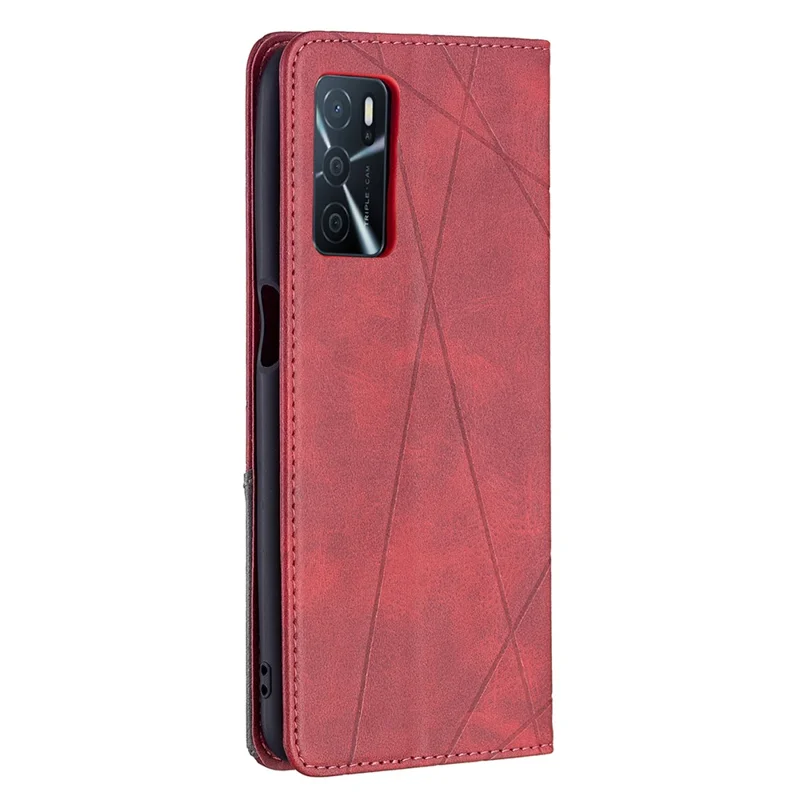 Magnetic Closure Card Holder Vintage Rhombus-Like Imprinting Drop-Proof Leather Stand Protective Case for Oppo A16 / A16s / A54s - Red