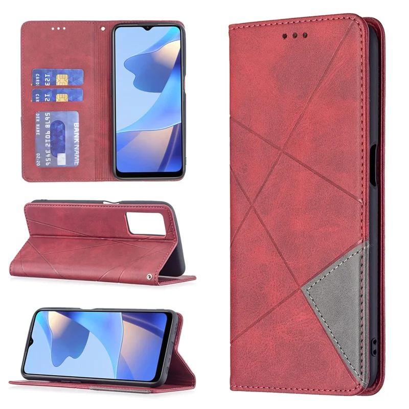 Magnetic Closure Card Holder Vintage Rhombus-Like Imprinting Drop-Proof Leather Stand Protective Case for Oppo A16 / A16s / A54s - Red