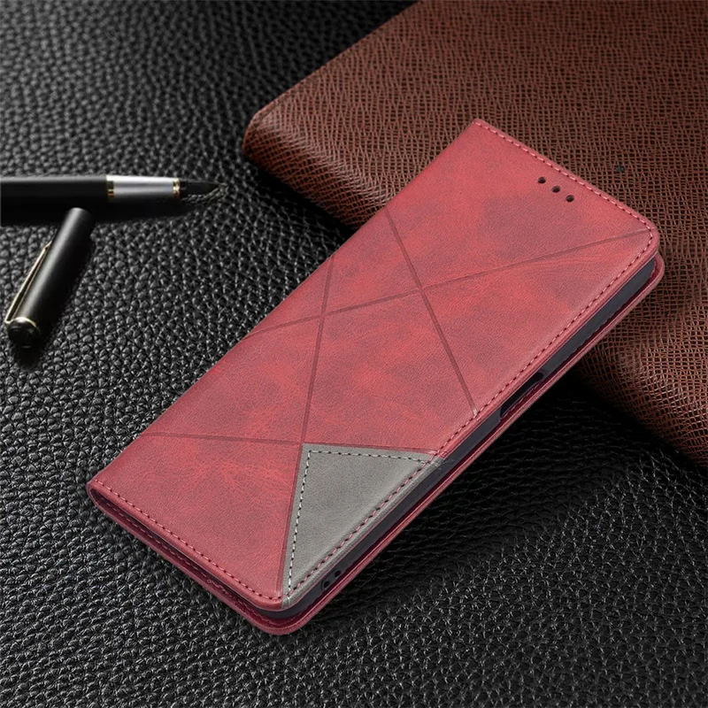 Magnetic Closure Card Holder Vintage Rhombus-Like Imprinting Drop-Proof Leather Stand Protective Case for Oppo A16 / A16s / A54s - Red