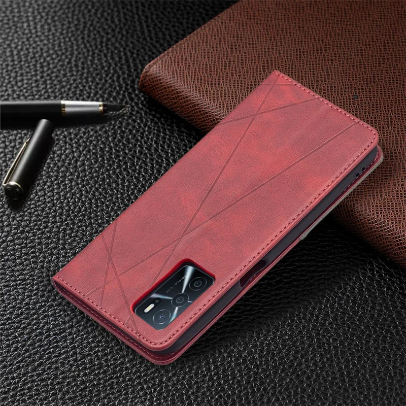 Magnetic Closure Card Holder Vintage Rhombus-Like Imprinting Drop-Proof Leather Stand Protective Case for Oppo A16 / A16s / A54s - Red