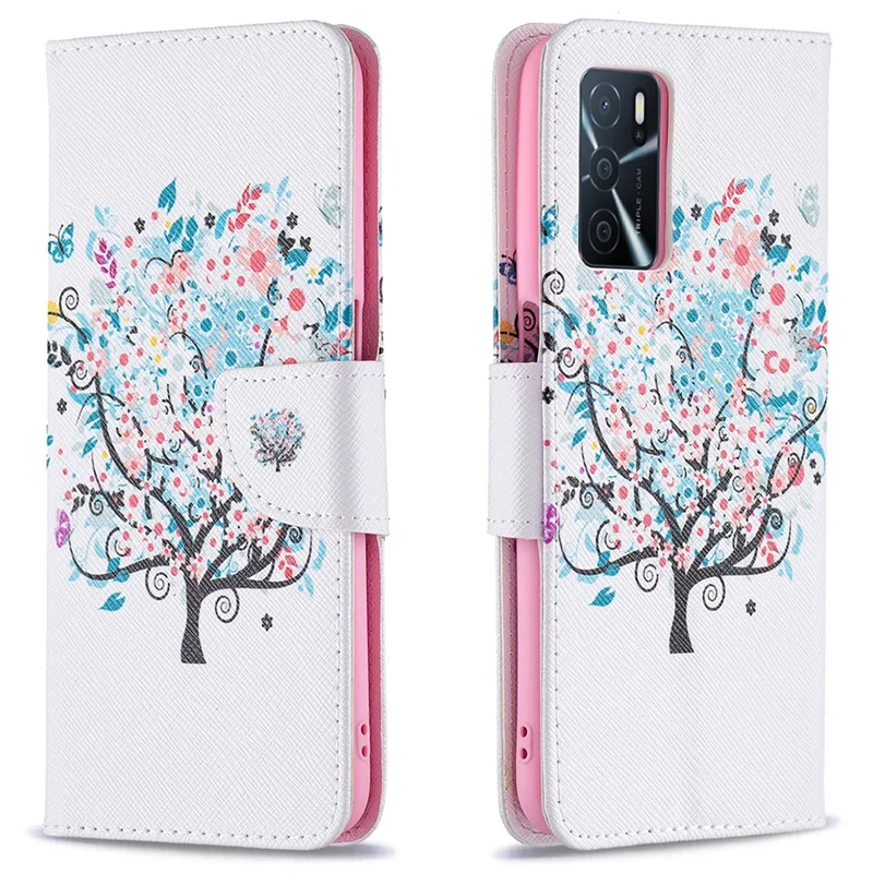 Pattern Printing Premium PU Leather Wallet Stand Flip Protective Cover with Magnetic Closure for Oppo A16/A16s/A54s - Flower Tree