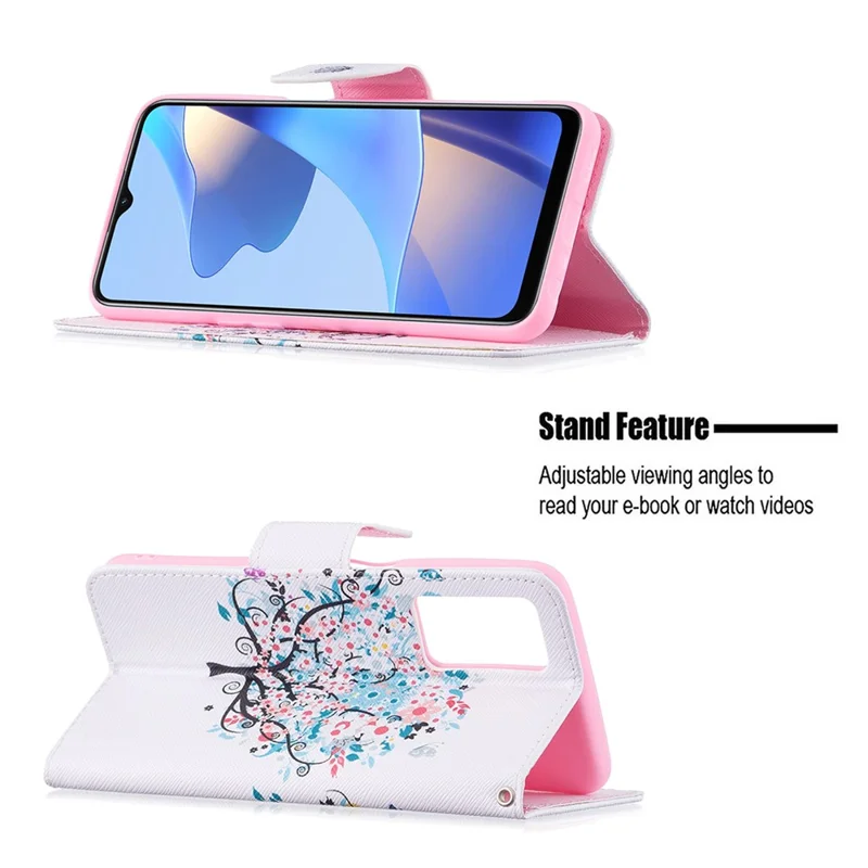 Pattern Printing Premium PU Leather Wallet Stand Flip Protective Cover with Magnetic Closure for Oppo A16/A16s/A54s - Flower Tree