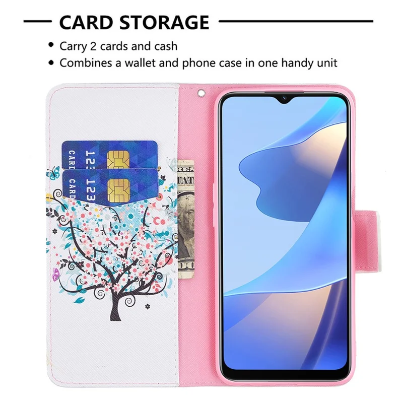 Pattern Printing Premium PU Leather Wallet Stand Flip Protective Cover with Magnetic Closure for Oppo A16/A16s/A54s - Flower Tree