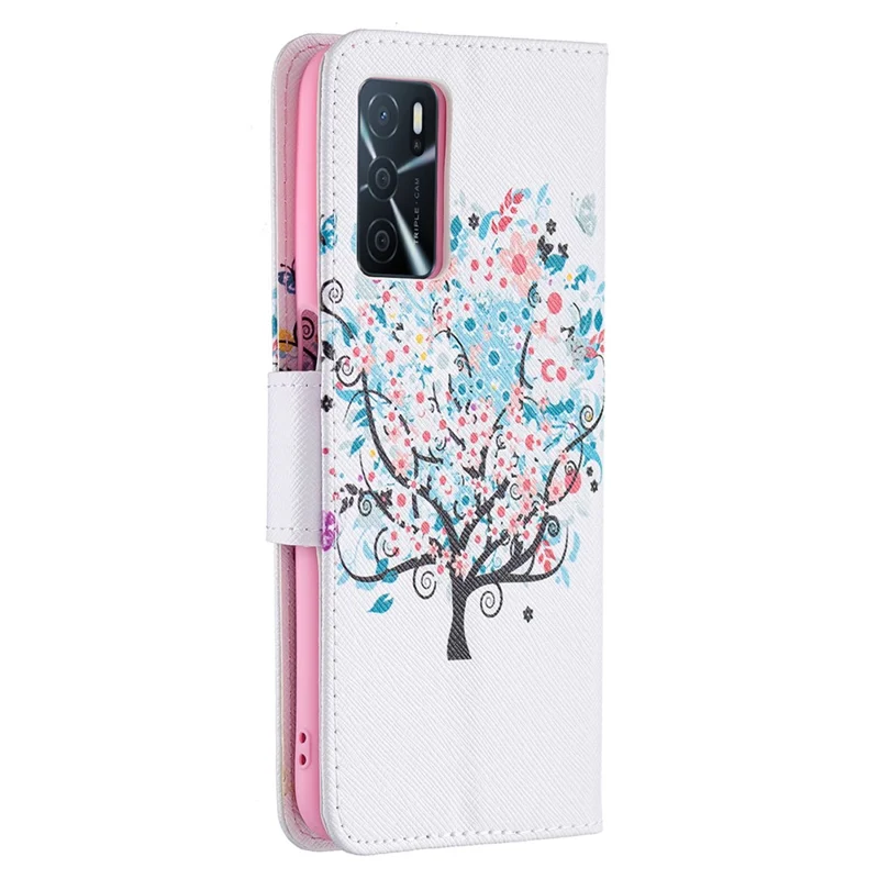 Pattern Printing Premium PU Leather Wallet Stand Flip Protective Cover with Magnetic Closure for Oppo A16/A16s/A54s - Flower Tree