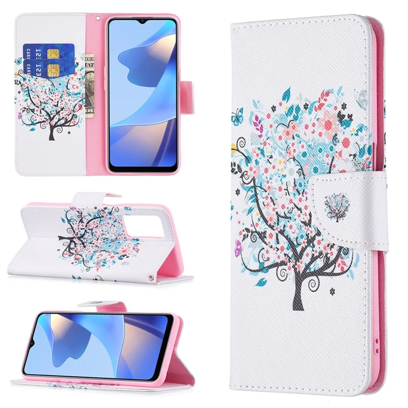 Pattern Printing Premium PU Leather Wallet Stand Flip Protective Cover with Magnetic Closure for Oppo A16/A16s/A54s - Flower Tree