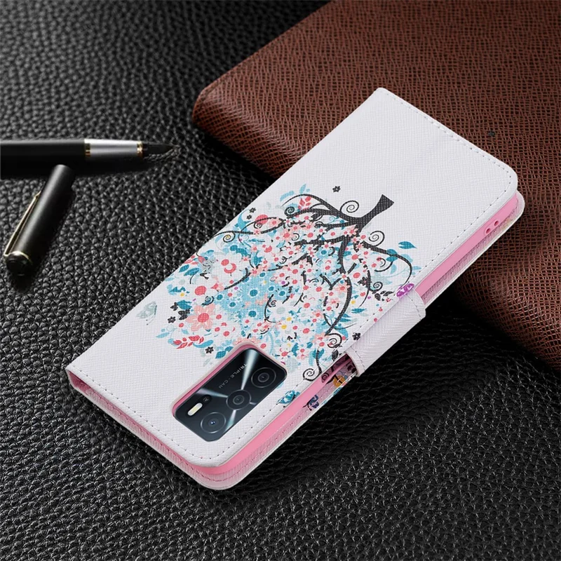 Pattern Printing Premium PU Leather Wallet Stand Flip Protective Cover with Magnetic Closure for Oppo A16/A16s/A54s - Flower Tree