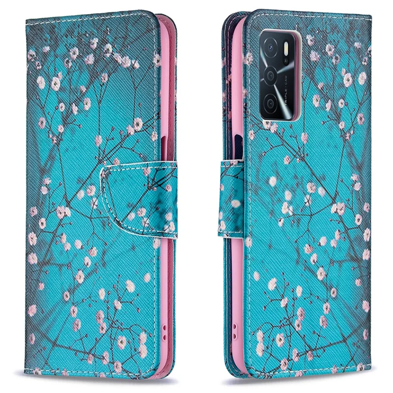 Portefeuille en cuir PU premium à motif imprimé, étui protection rabattable avec fermeture magnétique pour Oppo A16/A16s/A54s - Fleur de prune