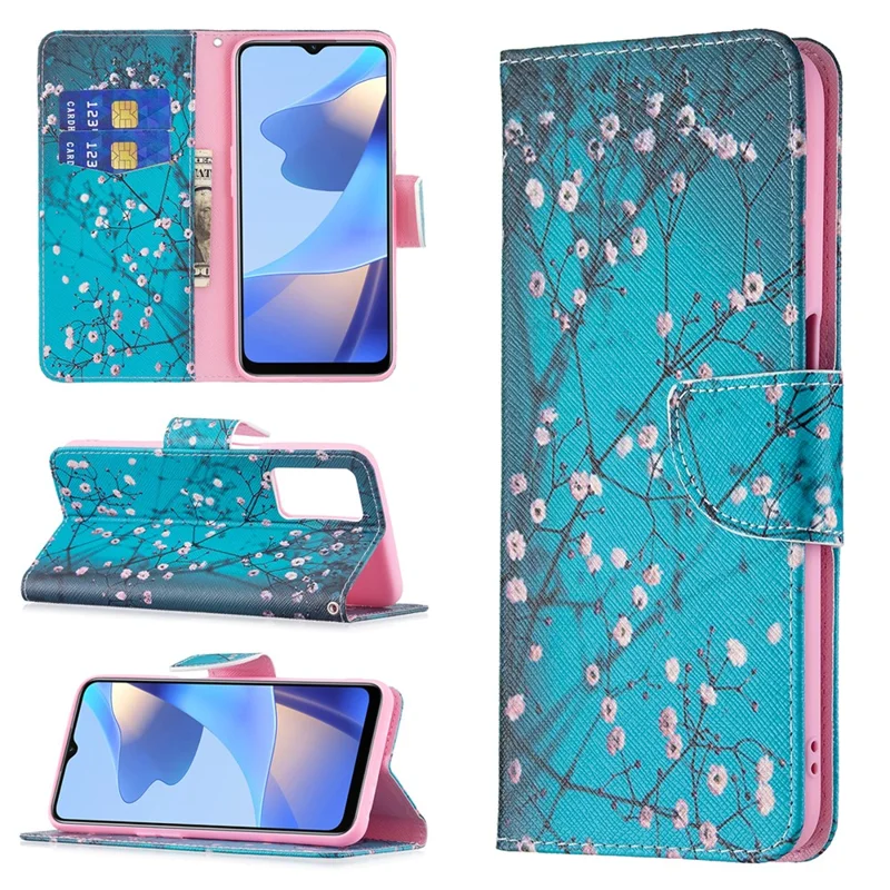 Portefeuille en cuir PU premium à motif imprimé, étui protection rabattable avec fermeture magnétique pour Oppo A16/A16s/A54s - Fleur de prune
