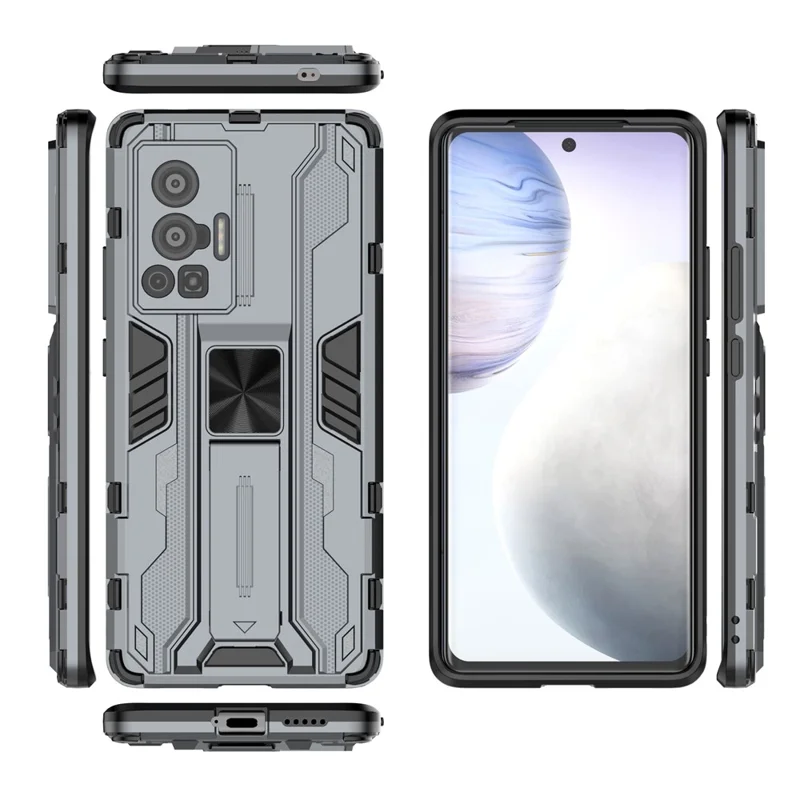 Vertical and Horizontal Kickstand Hard PC + Soft TPU Dual Layer Protection Phone Case for vivo X70 Pro - Grey