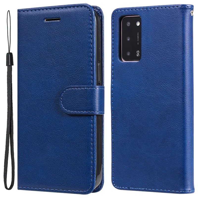 For Oppo A55 5G / A54 4G / A16 4G / Realme V11 5G Case Solid Color Leather Mobile Cover Wallet Stand with Strap - Blue