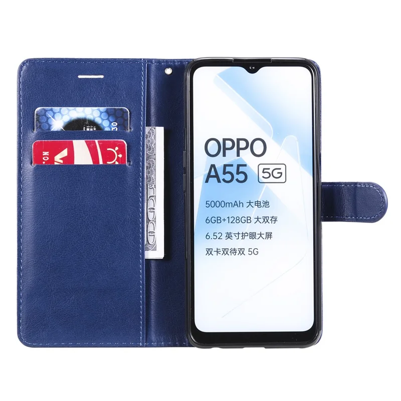 For Oppo A55 5G / A54 4G / A16 4G / Realme V11 5G Case Solid Color Leather Mobile Cover Wallet Stand with Strap - Blue