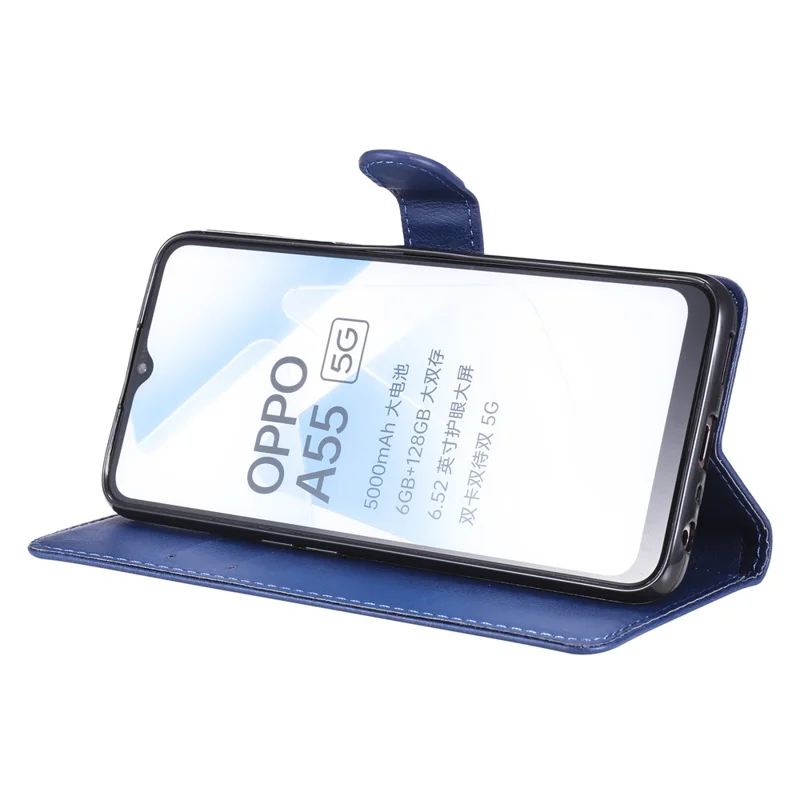 For Oppo A55 5G / A54 4G / A16 4G / Realme V11 5G Case Solid Color Leather Mobile Cover Wallet Stand with Strap - Blue