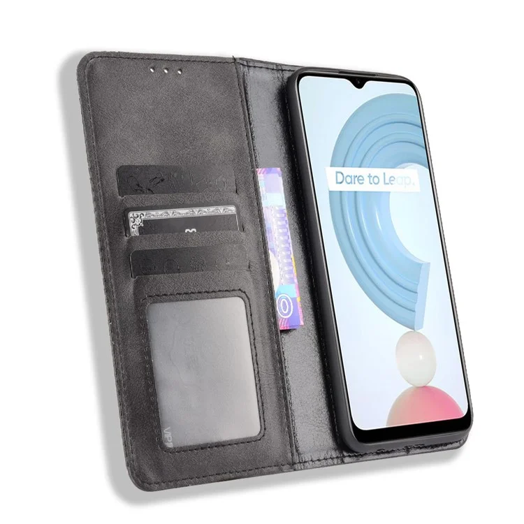 Imprinting Pattern Vintage Style Strong Magnet Phone Wallet Stand Case Leather Cover for Realme C21Y - Black