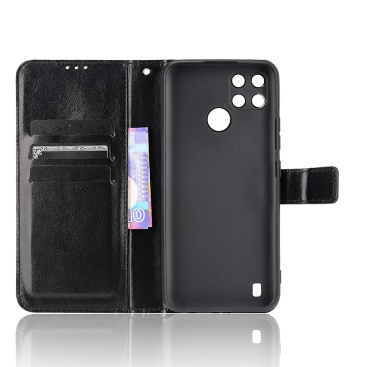 Crazy Horse pu Leather + TPU Wallet Slots Slots Protecter Phone Shell With Stand For Realme C21Y - le Noir