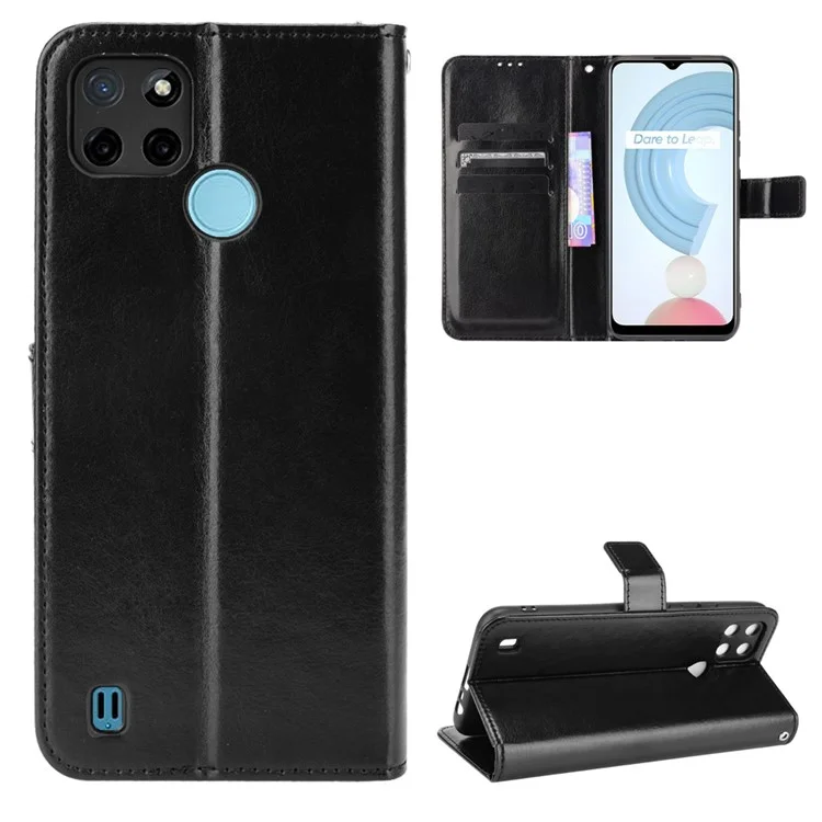 Crazy Horse pu Leather + TPU Wallet Slots Slots Protecter Phone Shell With Stand For Realme C21Y - le Noir