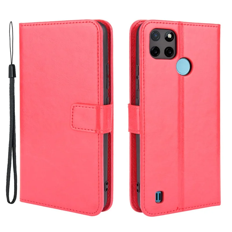 Crazy Horse PU Leather + Tpu Billet Rangujas Shets Protective Cell Well With Stand For Realme C21Y - Rojo