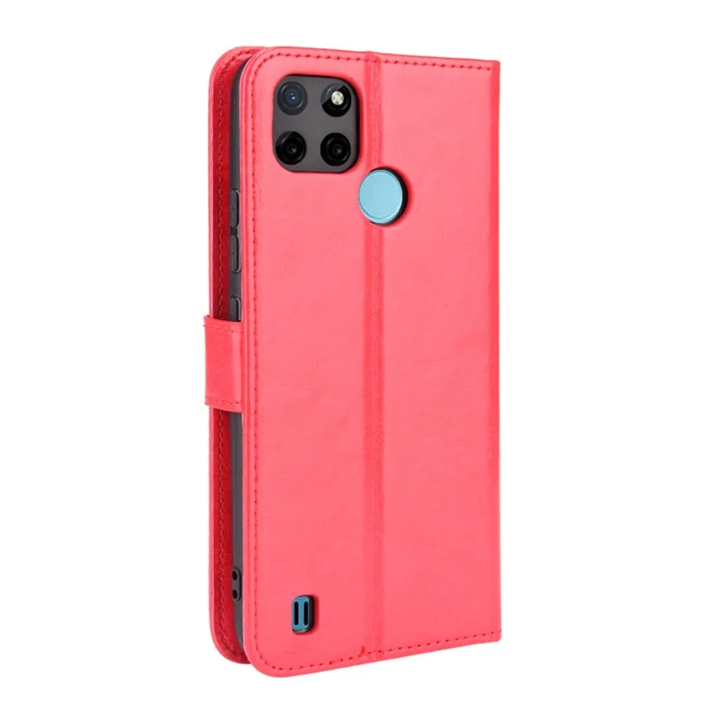 Crazy Horse PU Leather + Tpu Billet Rangujas Shets Protective Cell Well With Stand For Realme C21Y - Rojo