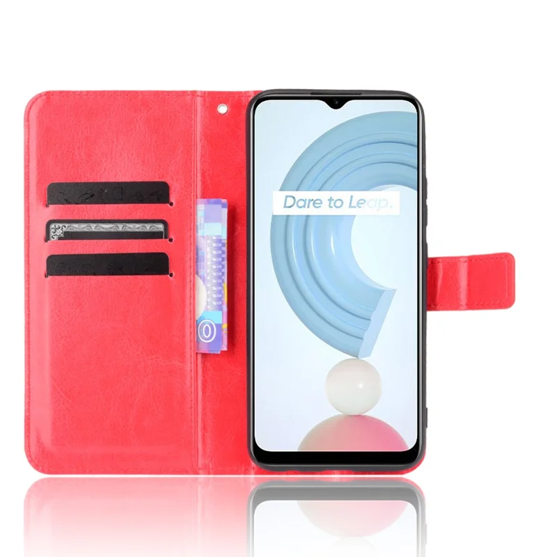 Crazy Horse PU Leather + Tpu Billet Rangujas Shets Protective Cell Well With Stand For Realme C21Y - Rojo