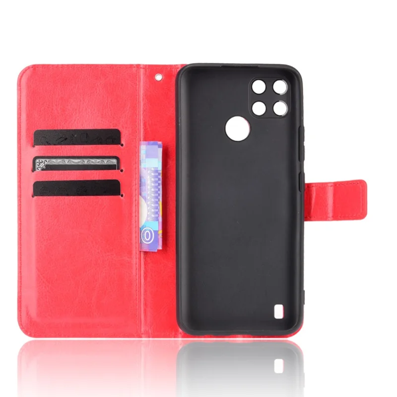 Crazy Horse PU Leather + Tpu Billet Rangujas Shets Protective Cell Well With Stand For Realme C21Y - Rojo