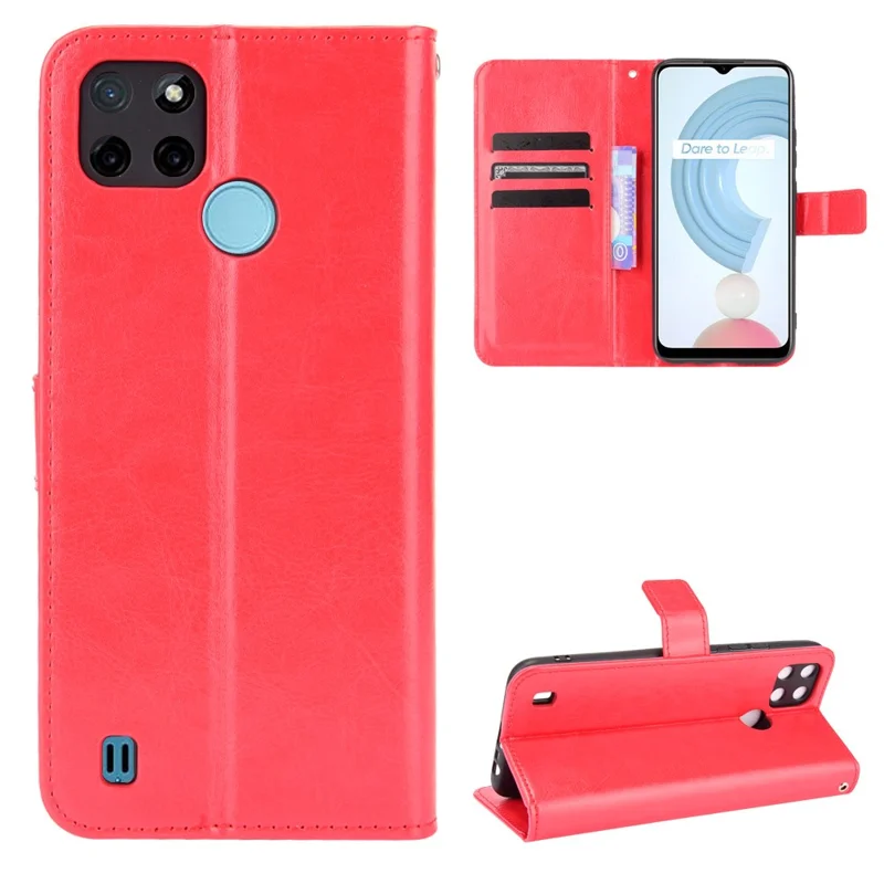 Crazy Horse PU Leather + Tpu Billet Rangujas Shets Protective Cell Well With Stand For Realme C21Y - Rojo