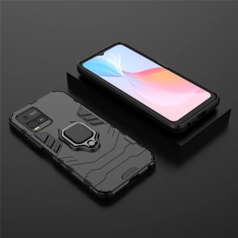 Ring Kickstand Design TPU + PC Shock Absorption Double Protection Cover for vivo Y21 - Black