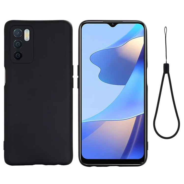 Microfiber Liner Shockproof Precise Cutout Solid Color Liquid Silicone Phone Case with Handy Strap for Oppo A16/A16S (Global) - Black