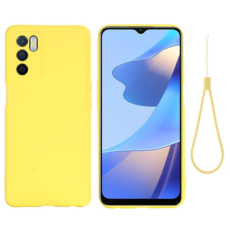 Microfiber Liner Shockproof Precise Cutout Solid Color Liquid Silicone Phone Case with Handy Strap for Oppo A16/A16S (Global) - Yellow
