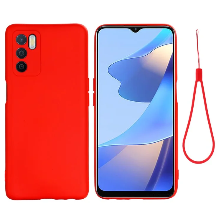 Microfibre Doublure Antichoc Découpe Précise Couleur Unie Étui de Téléphone en Silicone Liquide avec Sangle Pratique pour Oppo A16/A16S (Global) - Rouge
